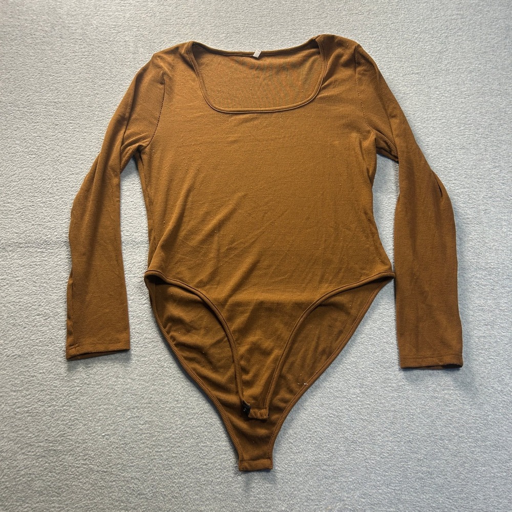 Ribbed Long Sleeve Bodysuit Womens XXL Brown Square Neck Thong Snap Stretch Fit